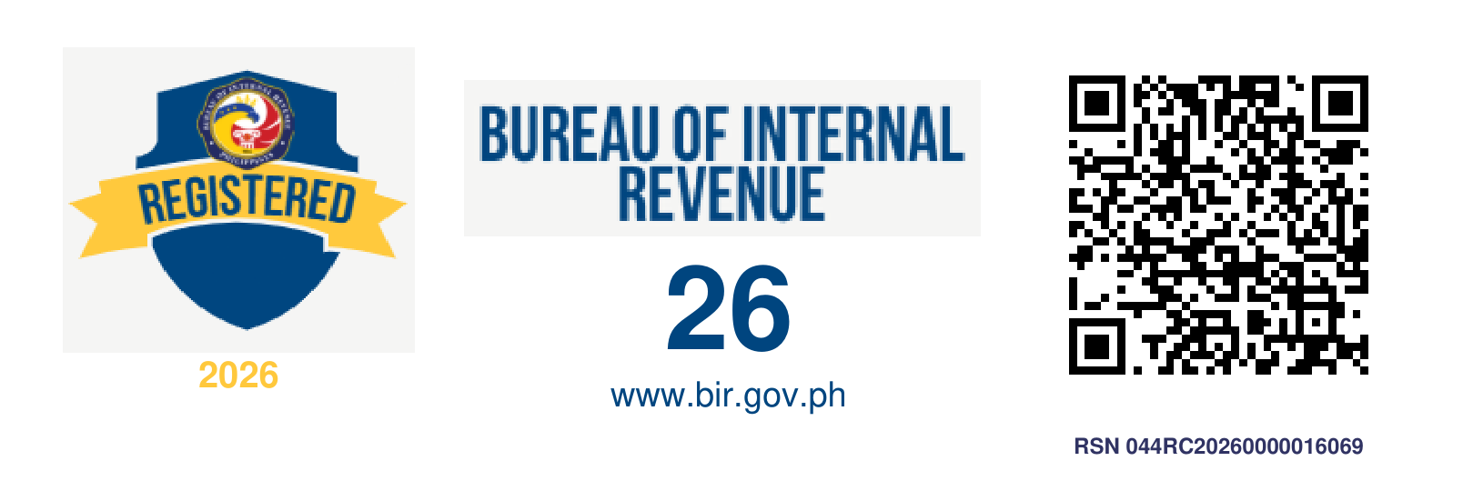 Official 2026 Bureau of Internal Revenue Registration Seal of the Philippines for QAYA Home Services, showing the BIR shield and seal, the year 2026, a QR code, and registration reference number RSN 044RC20260000016069
